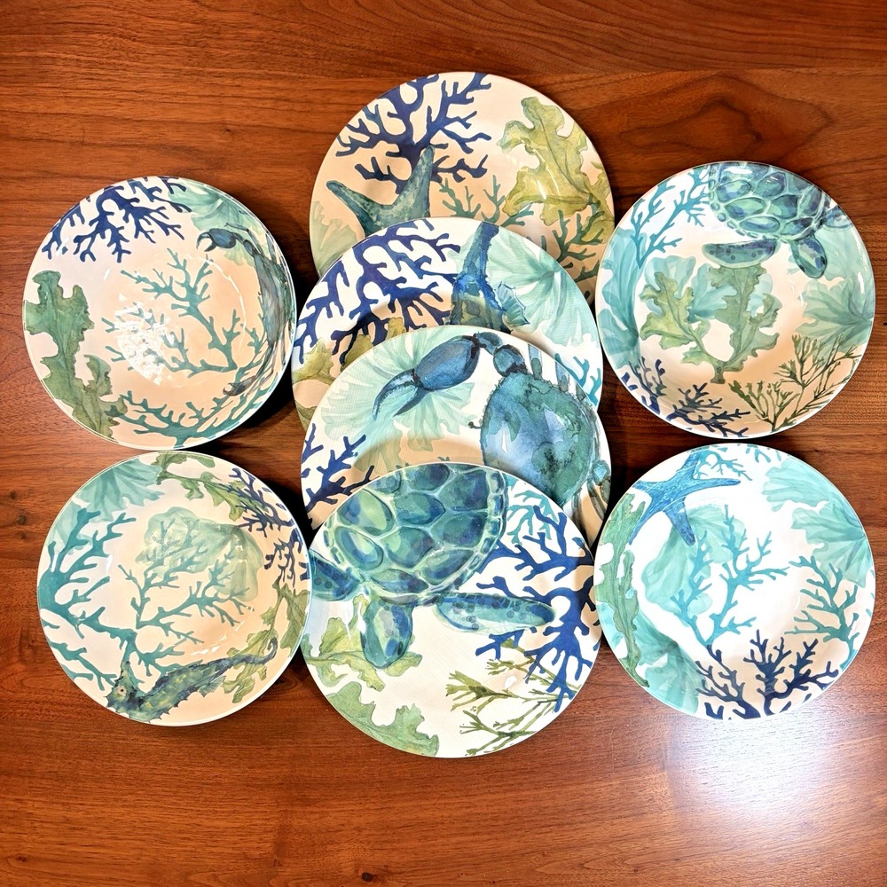 Sea Life Ocean Coral Melamine 8pc Set 4 Bowls 4 Plates Blue Green Coastal